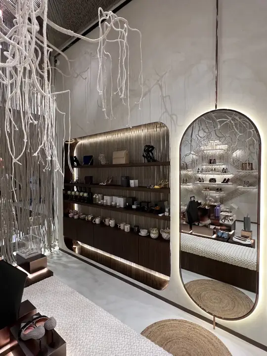 Mirrored arched alcoves holding accessories and objects at Naseej